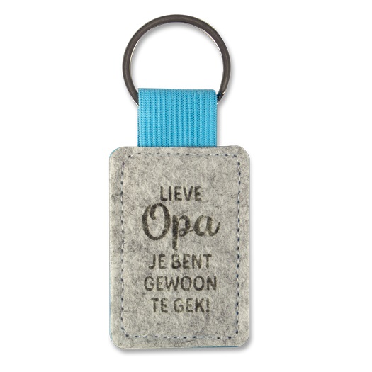 💙 Sleutelhanger van Blauw Vilt – “Lieve opa, je bent gewoon te gek”