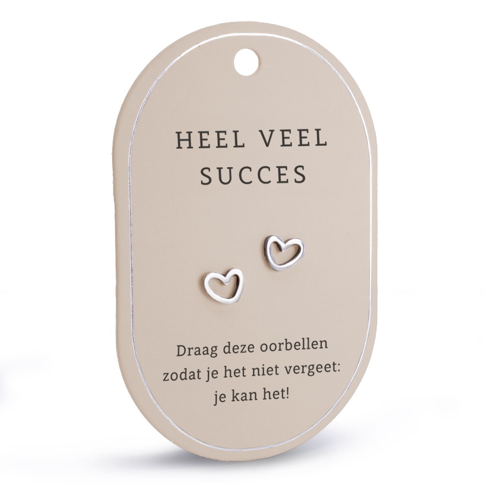 🌟 Zilverkleurige Hartjes Oorbellen – “Heel veel succes...”