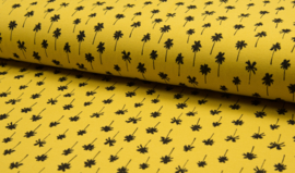 Coupon 130cm Piqué geel met zwarte palmbomen