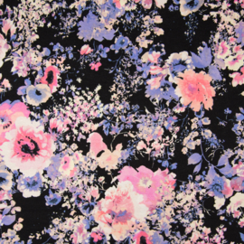 Viscose tricot bloemen zwart/paars