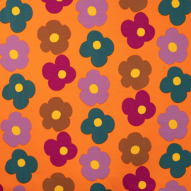 French terry brushed grote bloemen oranje