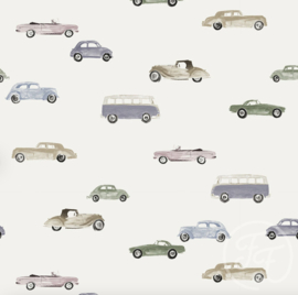 Family Fabrics - Coated Vintage Cars Blue Jersey