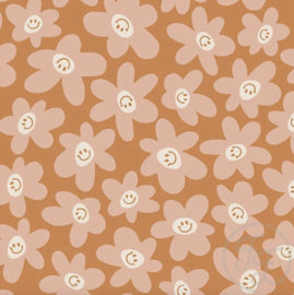 Family Fabrics - Coated Smiling Flower Orange Jersey