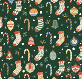 Family Fabrics - Stockings, candies, snow & bells in evergreen jersey