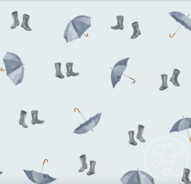 Family Fabrics - Rainboots & Umbrella's Blue Jersey
