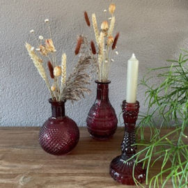 Set 2 vaasjes en kandelaar  van glas rood incl.bloemetjes