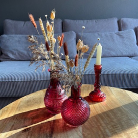 Set 2 vaasjes en kandelaar  van glas rood incl.bloemetjes