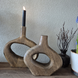 Set walnoot houten vaas/kandelaar donut ovaal