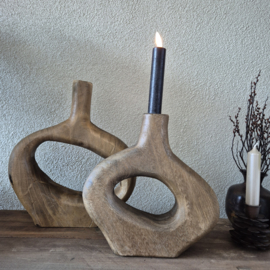Set walnoot houten vaas/kandelaar donut ovaal