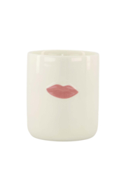Geurkaars keramieken lippen 8x9cm wit/rood
