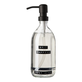 Wellmark Handzeep frisse linnen helder glas zwarte pomp 500ml 'shit happens just wash'