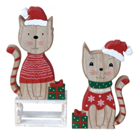 Kersthouten decoratie kat met kerstmuts (links)