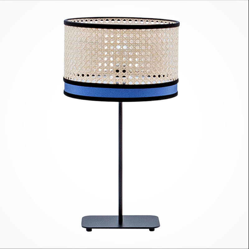 Flam & Luce -landelijk /Design tafellamp /geweven kap met zwart en blauwe band.