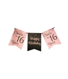 Happy Birthday 16 roze / zwart vlaggenlijn