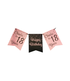 Happy birthday 18 Roze / Zwart vlaggenlijn
