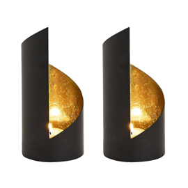 Waxinelichthouder set/2 cilinder zwart/goud