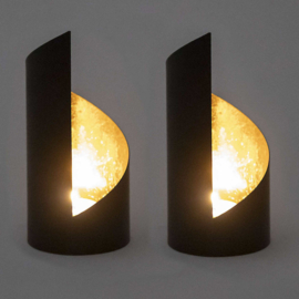 Waxinelichthouder set/2 cilinder zwart/goud