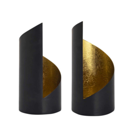 Waxinelichthouder set/2 cilinder zwart/goud