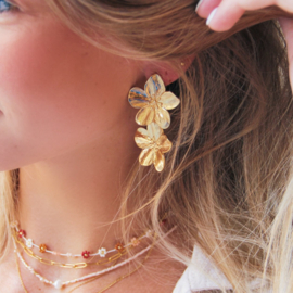 Stainless steel statement earring 2 flowers - gold