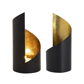 Waxinelichthouder set/2 cilinder zwart/goud
