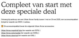 Urban Arrow Gratis accessoires bij aanschaf van een Urban Arrow tm 31 juli 2025 twv >600 Euro: Regenhuif Plus, vloermat en extra bankje// Alleen te bestellen in combinatie met een Urban Arrow