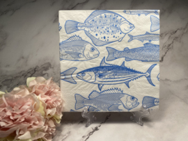 Blauw wit verschillende vissen servet nr HM354