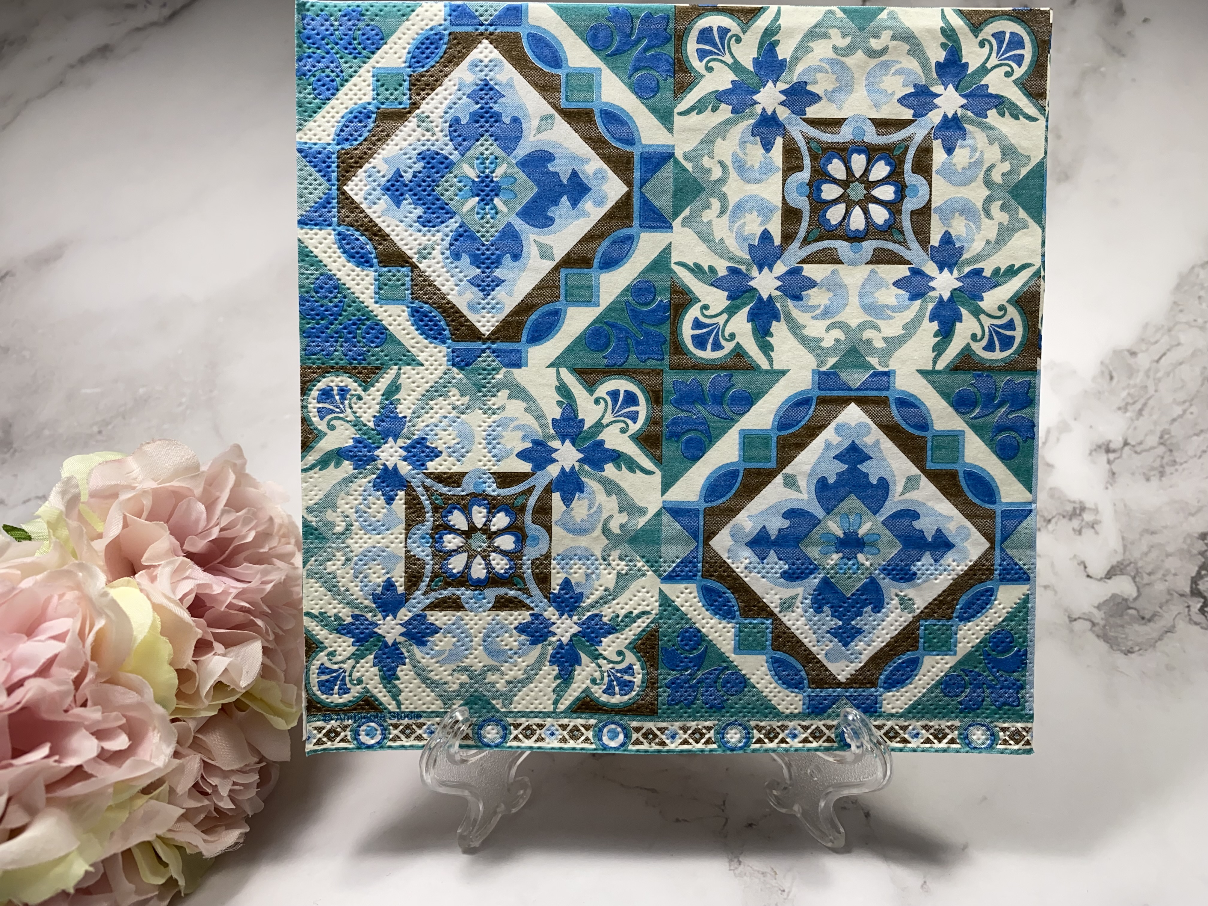 Ambiente Delfts blauw bruin groen tegel servet 2x2 afb. nr 289