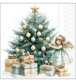 Engel bij kerstboom/pakjes knutsel  servet  nr KHM11