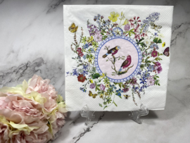 IHR 2 vogels in frame en bloemen omheen servet nr H28