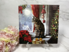Kat op vensterbank kerst knutsel servet  nr HM313