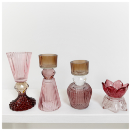 Waxinelichthouders & vaasje Roman twist | set van 4 oud roze