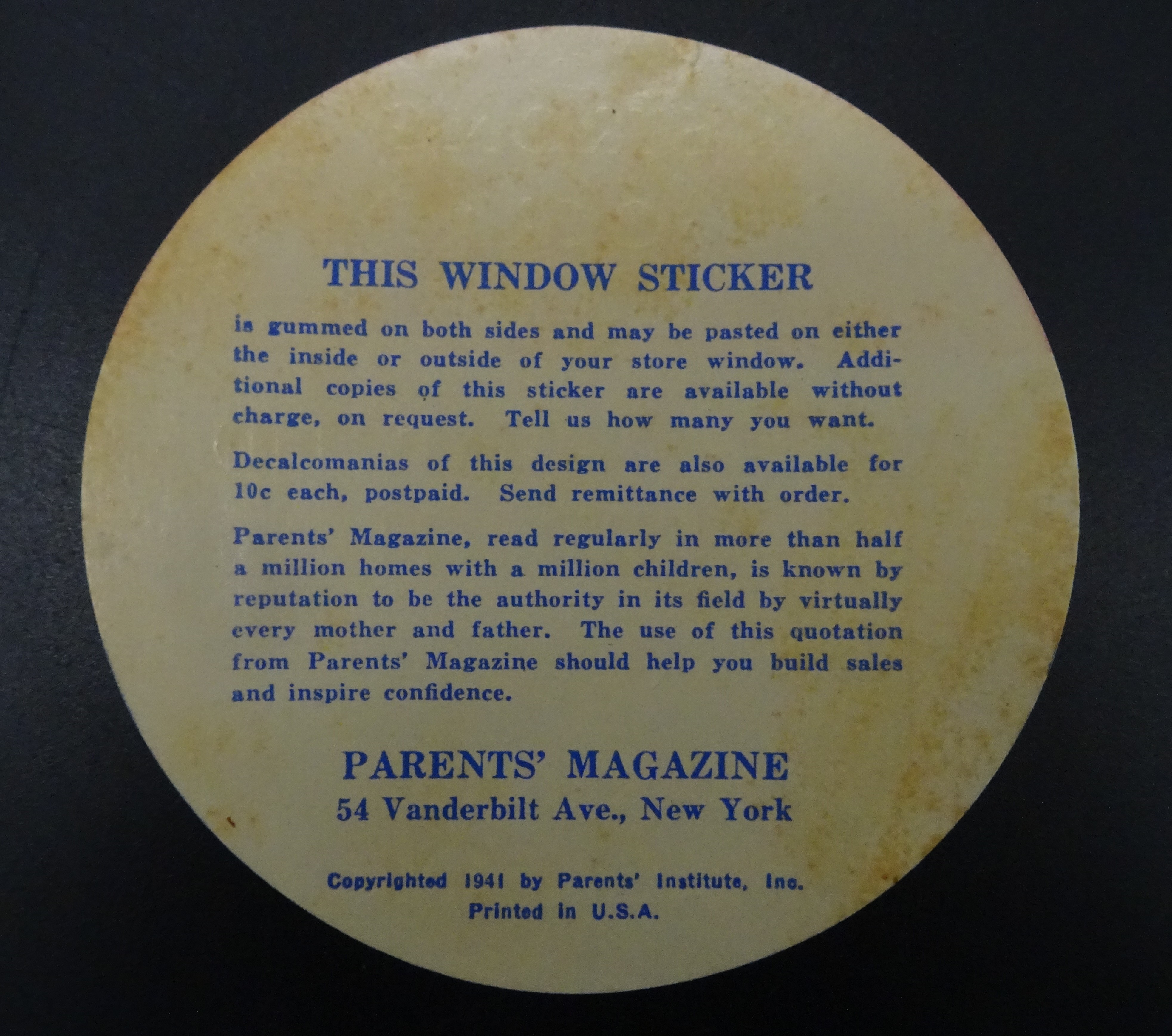 US Parents Magazine 1941 dated window sticker