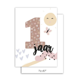 Minikaartje ‘1 jaar’ roze
