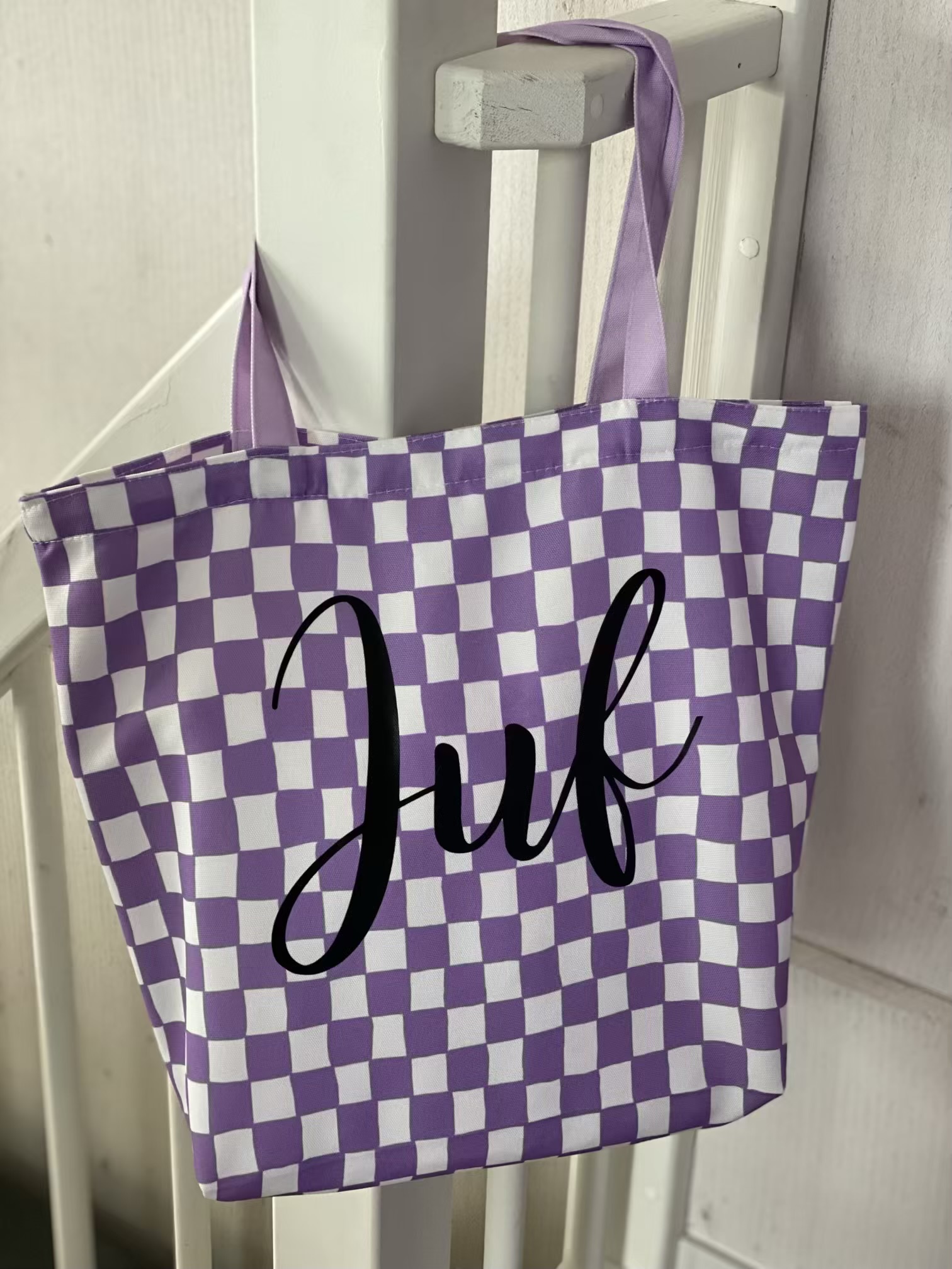 JUF Canvas tas / shopper Handdraw grid Paars/wit