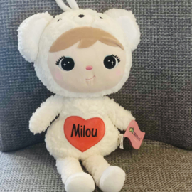 Metoo doll Bear met naam -  Wit met rood hart  46 cm