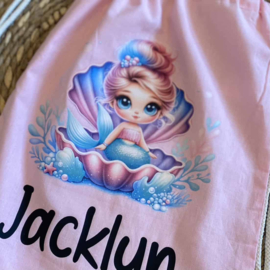 Gymtasje met zeemeermin Daisy in schelp - met naam - Roze tas