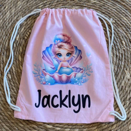 Gymtasje met zeemeermin Daisy in schelp - met naam - Roze tas
