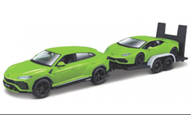 Lamborghini set, Urus en Huracan met aanhanger - groen - 1/24