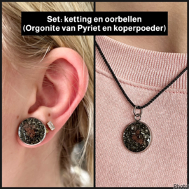 Set: Oorbellen en ketting met Pyriet en Koper-schaafsel (orgonite)
