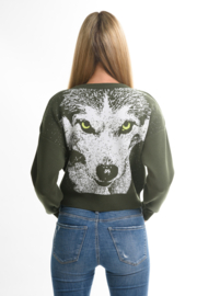 Korte hoodie met een wolf - khaki | LARAWAG | A&A STORE