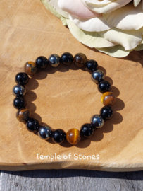 Armband 10 mm tijgeroog obsidaan hematiet
