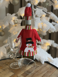 Fles decoratie trui/muts  rood gouddraad sneeuwpop
