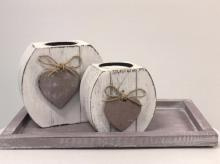 Woodart  set hart 2x op onderschaal 15x25 wit/taupe