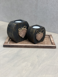Woodart waxinehouder set hart 2x op onderschaal 15x25 naturel Zwart-goud