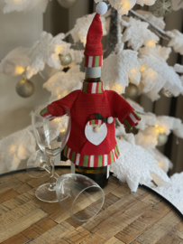 Fles decoratie trui/muts rood/gouddraad kerstman