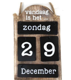 Kalender van hout met metalen plaatjes - Naturel, zwart, wit - 25cm