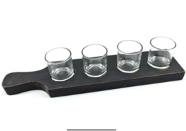 Woodart waxinelichthouder 4 glaasjes op plank blackwash