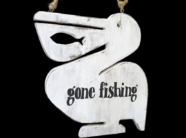 Tekstbord Gone fishing white 25 cm.