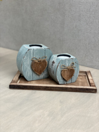 Woodart waxinehouder set hart 2x op onderschaal 15x25 naturel Zeeblauw