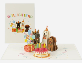 3D pop-up wenskaart - Kiriori - Gefeliciteerd honden met taart